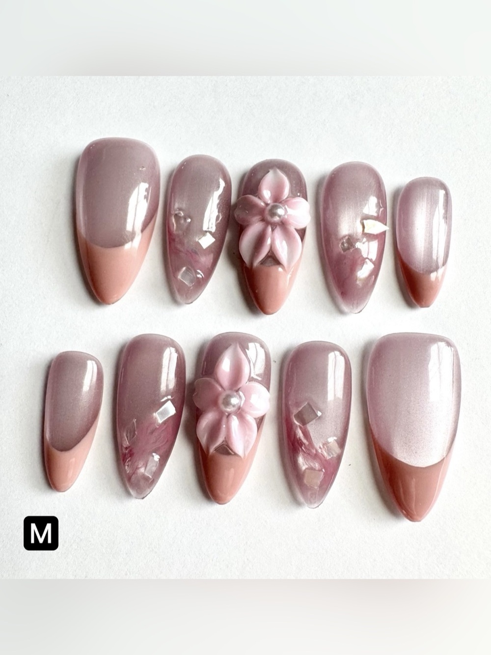 Pink 3D Flower and White Beads Press-On Nails